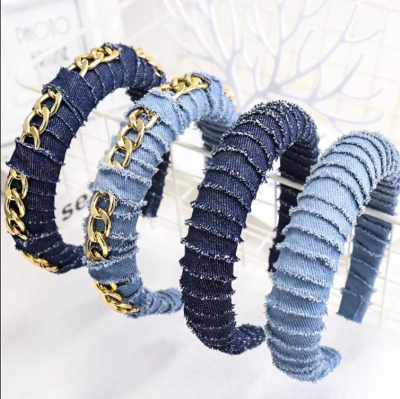 Girls Jean Headbands Women Vintage Denim Chain Head Hoop Sponge Padded Hair Sticks Lady Headwear Hair Accessories 9 Designs