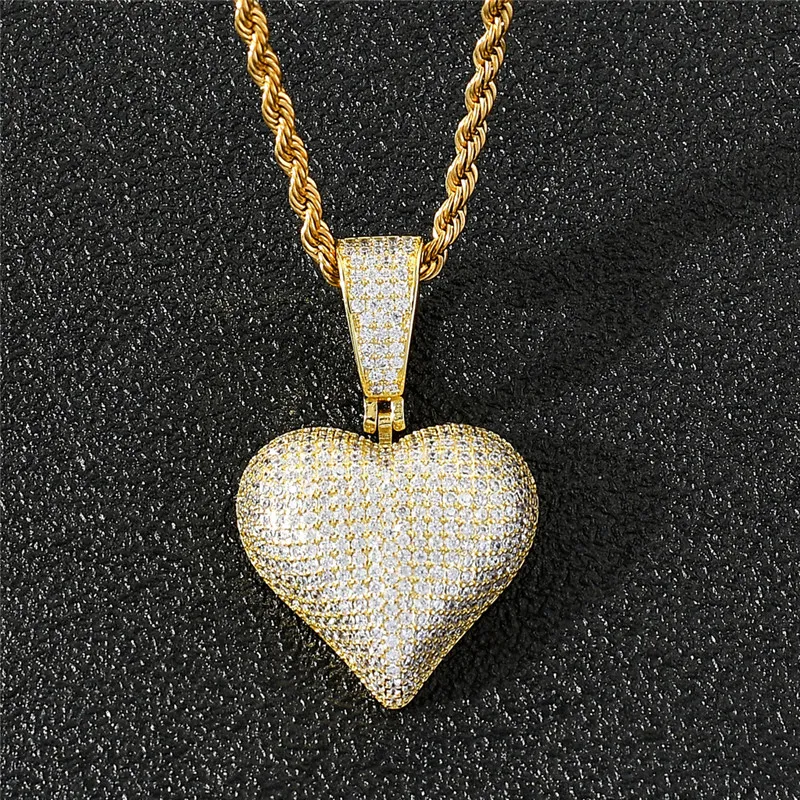 New Arrived Heart Shape Solid Back Pendant Necklace with Rope Chain Iced Out Zircon Mens Hip Hop Jewelry Gift256h