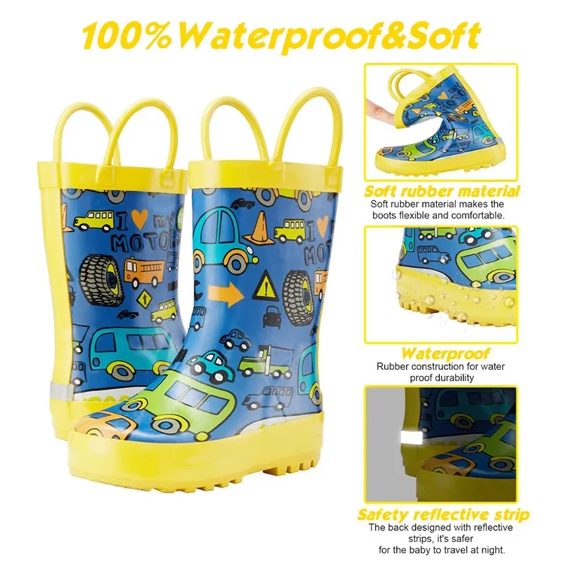 Rain boots for kid waterproof non-slip Rubber high quality PVC Car design High quality Boys and Girls