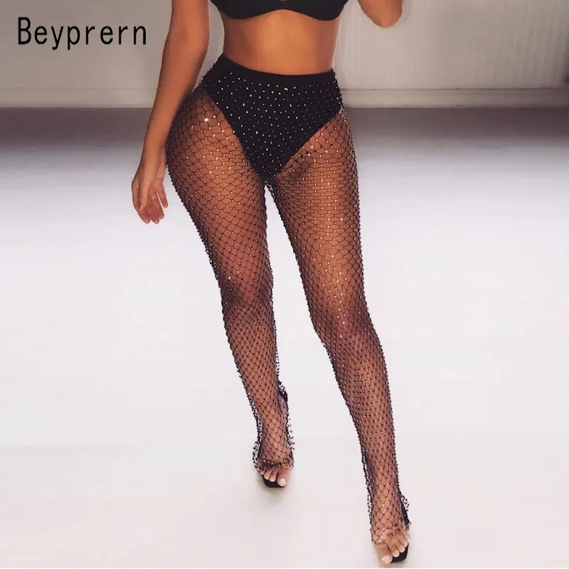 Beyprern Sparkle taille haute Leggings embelli maille Diamante pantalon femmes extensible voir à travers un pantalon crayon maigre pantalon net T200606