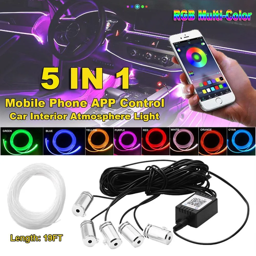 Fibra Óptica Atmosfera Lâmpadas Ambient lâmpada App Controle 6 Medidor de 8 cores Car Luz Interior Remote Control RGB Auto C1007 decorativa