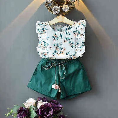 Ensemble de vêtements pour filles, chemise florale d'été courte, 2 pièces, ceinture de taille, vêtements de base décontractés en coton, tenues de costume G220310