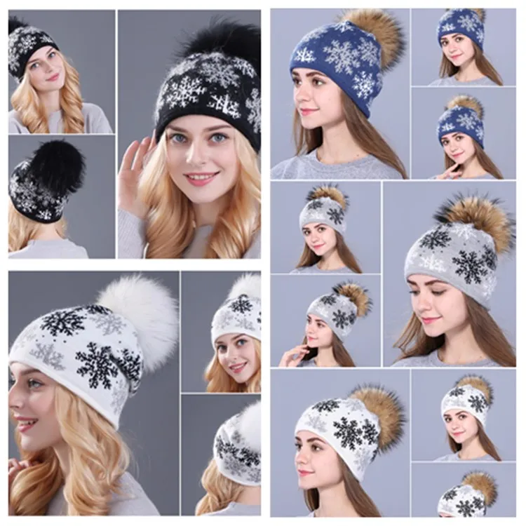 Женщины Pom Pom Beanie смешанные вязаная шапка Рождество снежинка Hairball зима шляпе Рождество шляпы 20 стиль T2C5294