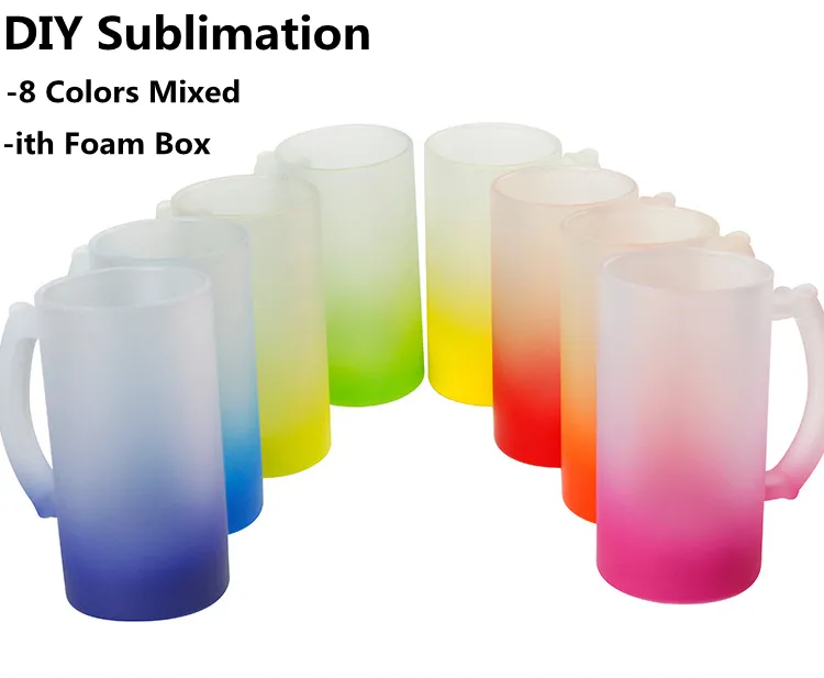 8 Ombre Renkler Süblimasyon Buzlu 16oz Cam Kupalar Gradient Renkli Coloful Alt Boşluklarla Isı Transfer Baskı Şeffaf Viski Su Şişesi DIY Kupalar