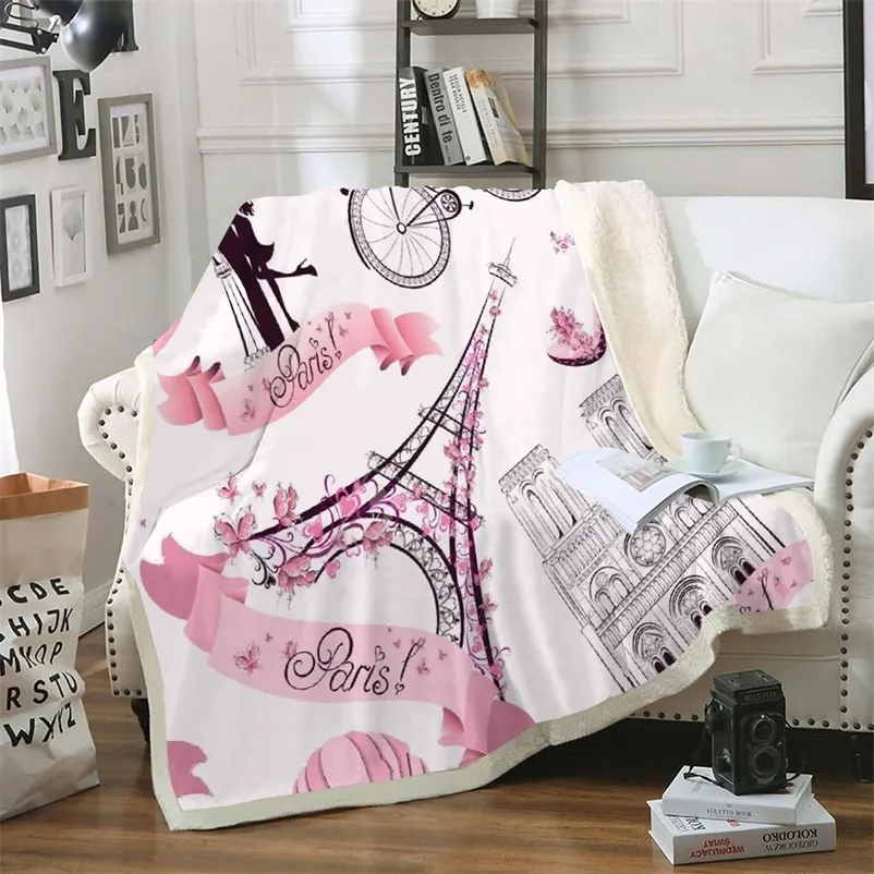 Eiffeltower Couple Throw BlanketﾠPink Paris for Girls Lovers Sherpa Fleece Soft Cosy Bed Sofa Blanket 201222