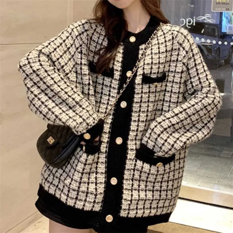 [EWQ] Autumn Sweater Coat Retro Shirt Check Long Sleeve Single Breasted Plaid Loose Knit Cardigan Ladies QB321 211222