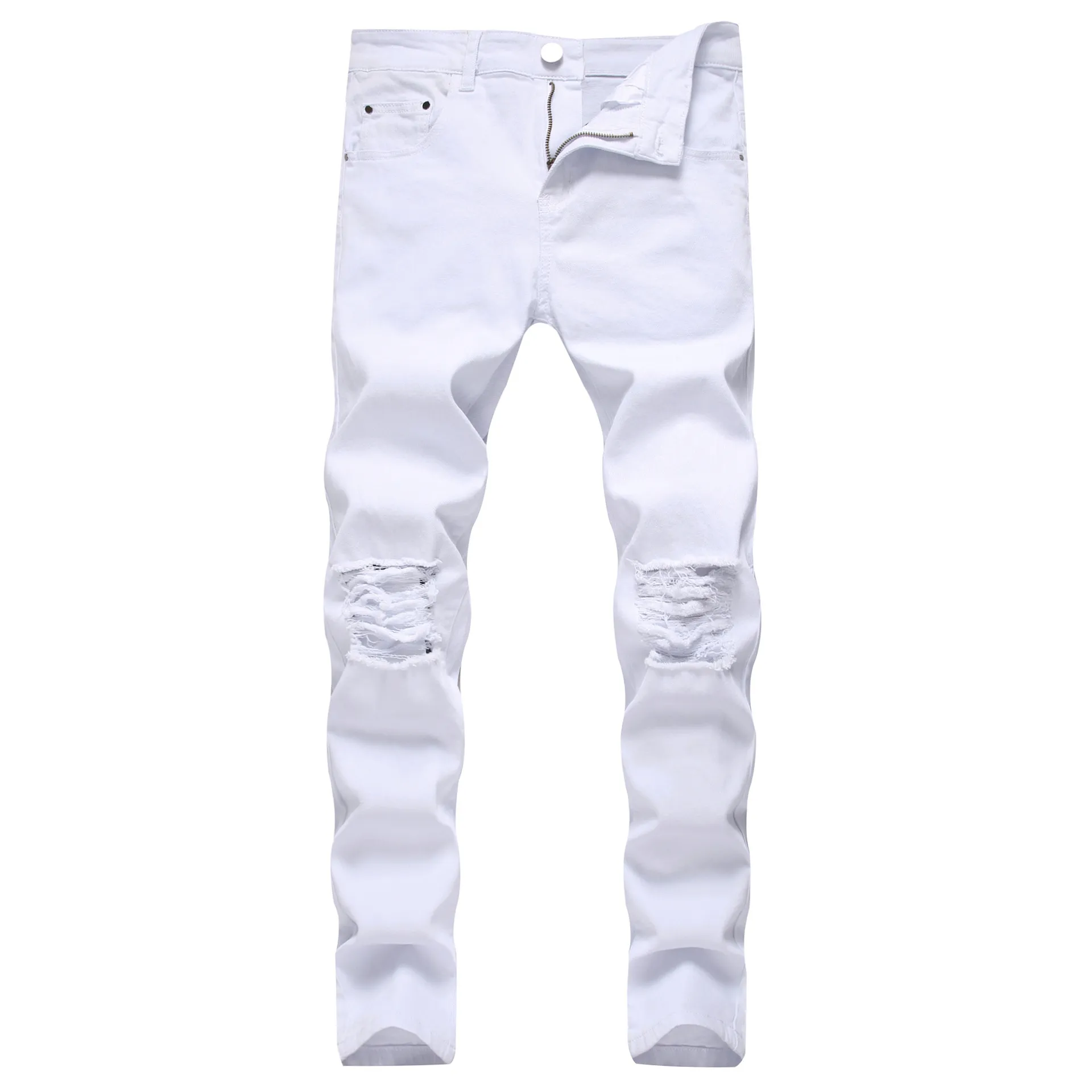 GODLIKEU White Mens Jeans Ripped Distressed Black Skinny Denim Hip Hop Button Stretch Pants