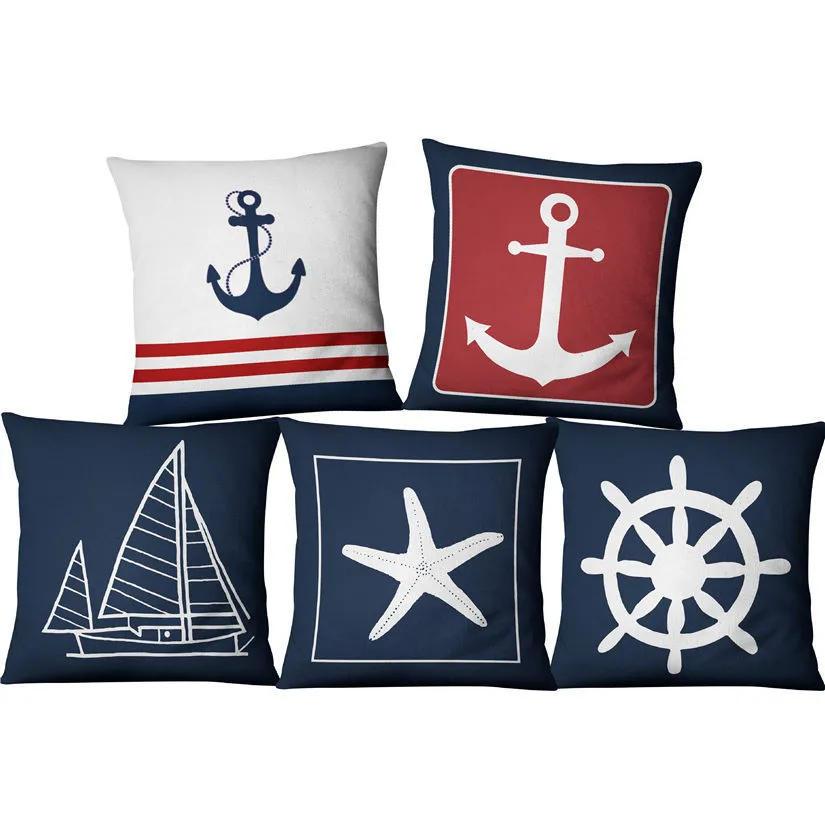 Blauw Anchor Sailor Nautical American Marine Style Linnen Kussensloop Home Stof Sofa Mediterrane Kussen Auto Kussensloopkussens Cover