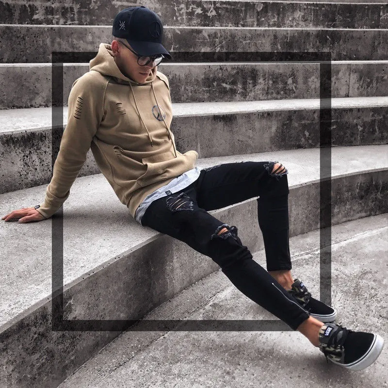 2019 Mens Cool Designer Brand Black Jeans Skinny Ripped Destroyed Stretch Slim Fit Hop Hop Pantalones con agujeros para Men186y