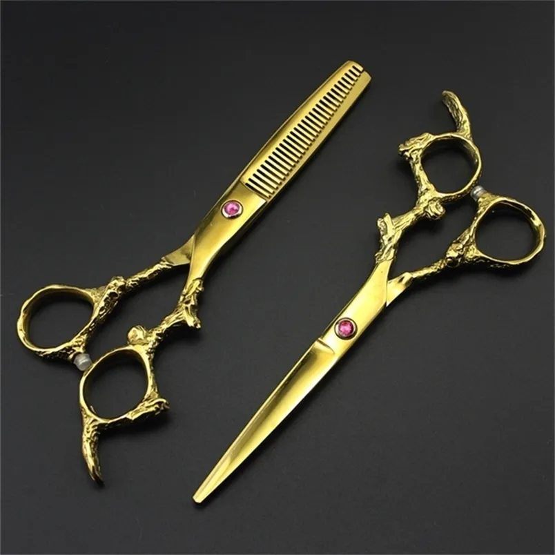 Professionell Japan 440c 6 '' Guld Dragon Hair Scissors Haircut Thinning Barber Highscutting Skärare Frisör 220222