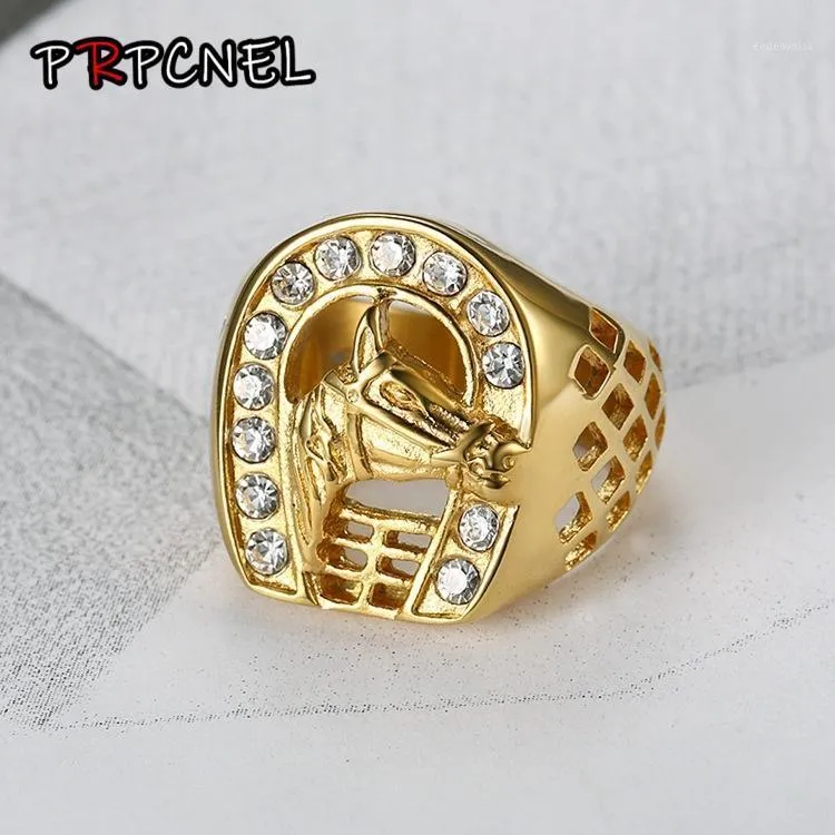 Anillos de racimo Anillo de cabeza de caballo con circón Joyería de moda masculina Promoción de alta calidad Hombres Color dorado Hip Hop 316L Acero inoxidable1