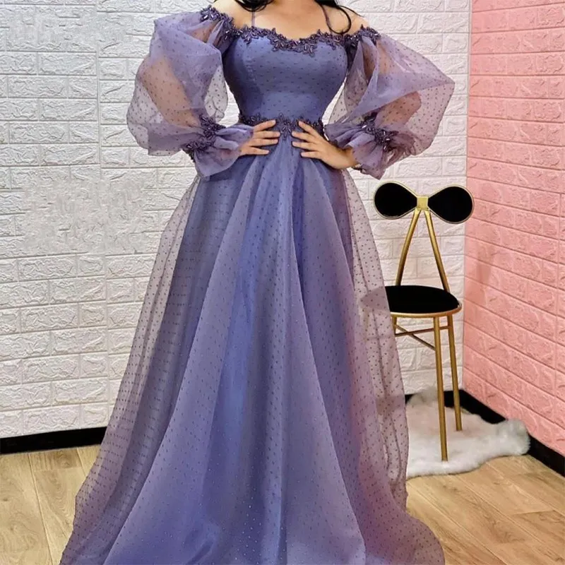 Long Puff Sleeves Evening Dresses Dots tulle Appliques Lace Prom Gowns Spaghetti Straps vestidos largos Princess A-Line Party Dress 2021