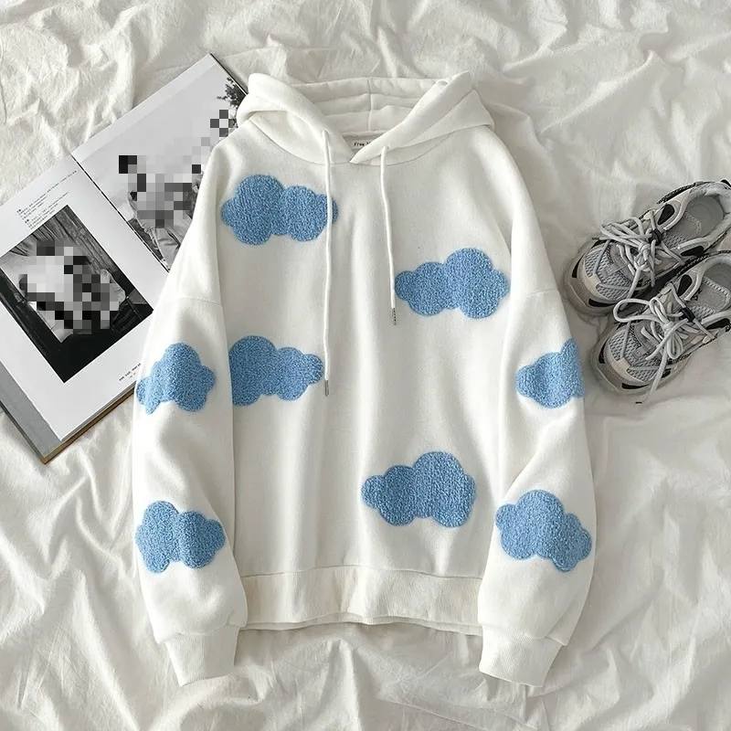 Ezgaga Harajuku Sky Clouds Embroidered white fox hoodie for