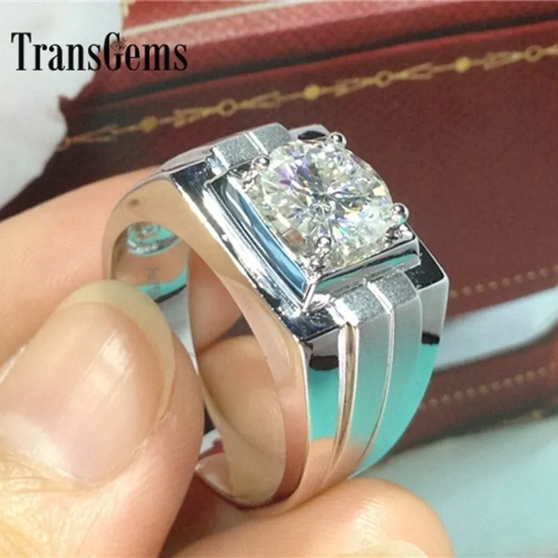 Transgems Luxus Qualität 14K 585 Weißgold Ring Klassische 1 Karat Moissanit Herren Ehering Männer Verlobung Ehering Y200620