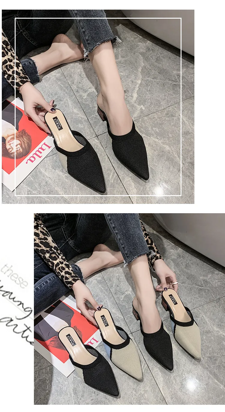 Breathable Knit Mesh High Heel Mules Female Slippers With Pointed Toe And Square Heels Fashionable Summer Slides In Mixed Colors X1020 From Nickyoung07 13.4 DHgate.Com