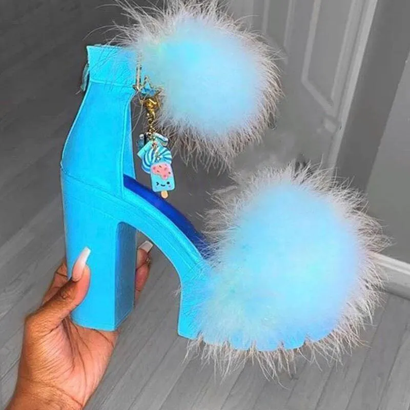 Liyke Women Summer Gladiator Sandals Fluffy Peep Toe Low Square High Heels  Fashion Fur Feather Lady Ankle Strap Shoes Sandalias - AliExpress