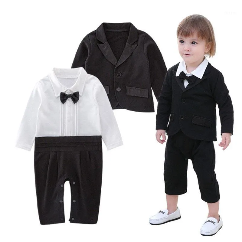 Skoki Wiosna 2022 Baby Boys Gentlemen Wedding Clothes Suit Black Bow Tie Pełna Ramiper Romper + Kurtka Party Dżentelmen Formalny Kostium