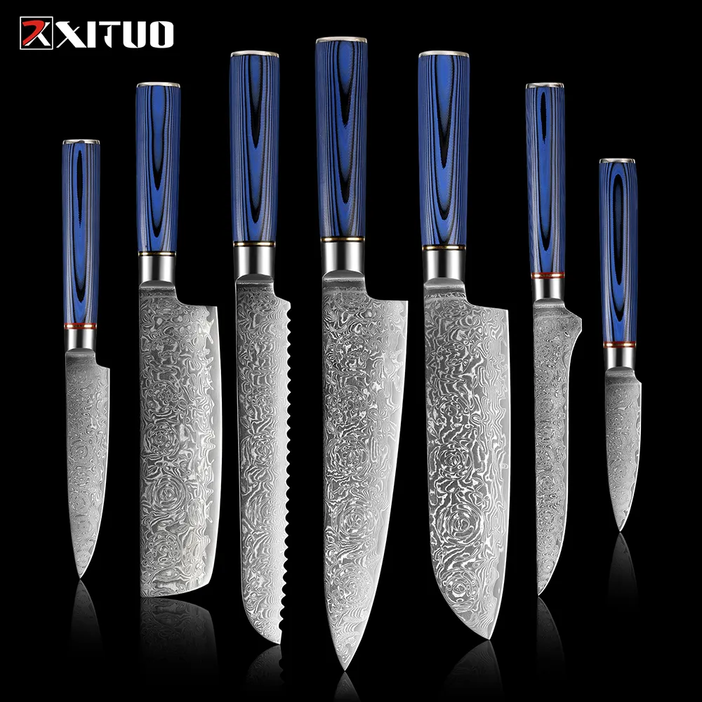 XITUO VG10 Damascus Staal Keukenmes Set 1-7PCS Luxe Blauw G10 Handvat Scherp Damascus Koksmes hakmes Santoku mes