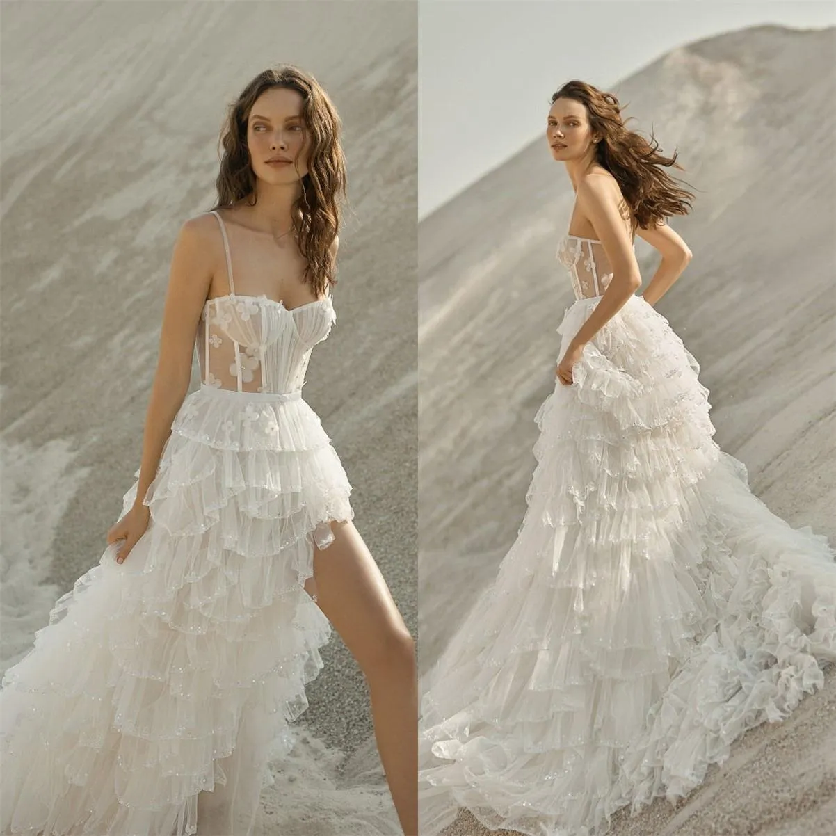 2021 Spaghetti Straps A Line Bröllopsklänningar Se igenom Coret Top Boho Vestido de Novia Side Slit Tiered Skirt Bridal Gowns