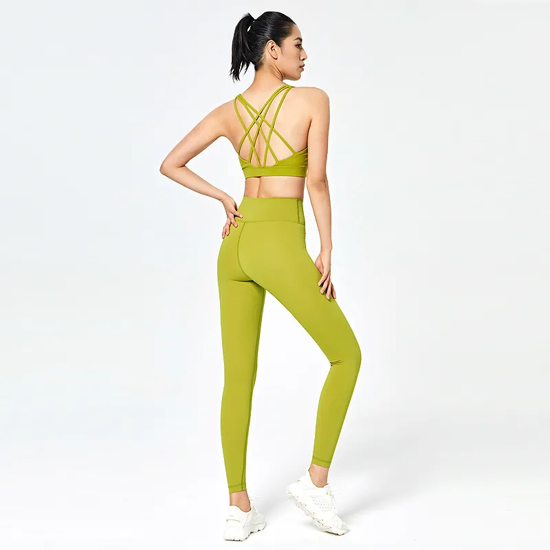 Beauty back nude yoga outfits two piece suit sports bra leggings gym set female high waist running tight elastic fitness exercise clothes