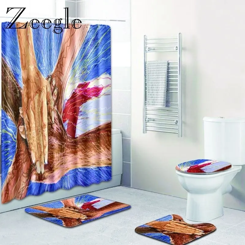 Zeegle Shower Curtain with Bath Mat Set Anti Slip Bathroom Shower Mat Absorbent Toilet Pedestal Rug Washable Toilet Seat Cover