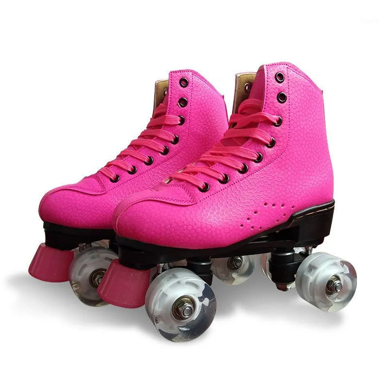 Patins à roulettes en ligne rose rose adulte PU cuir quad double ligne deux chaussures de patinage patines avec roues clignotantes ou non1