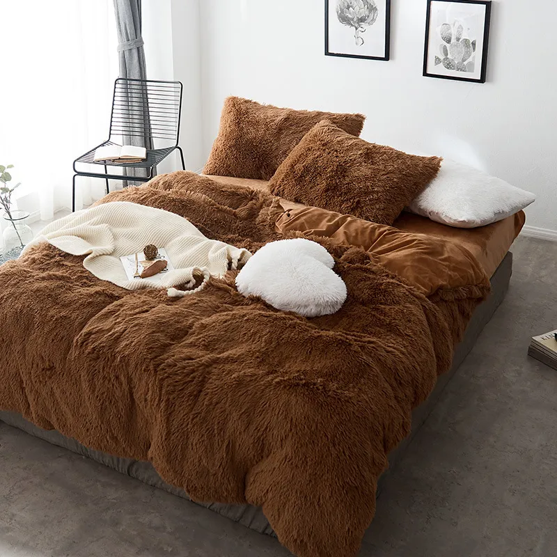 Coral fleece Winter Thick Bedding Set Pure Color Mink Velvet Duvet Cover Bed sheet Bed Linen Pillowcases Lamb velvet coral LJ200819