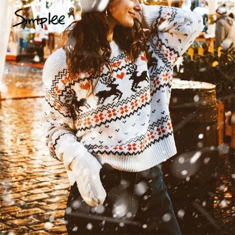Simplee O-neck Fashion Christmas sweaters women long sleeve Autumn winter deer print knitted female pullover Chic ladies sweater 201221
