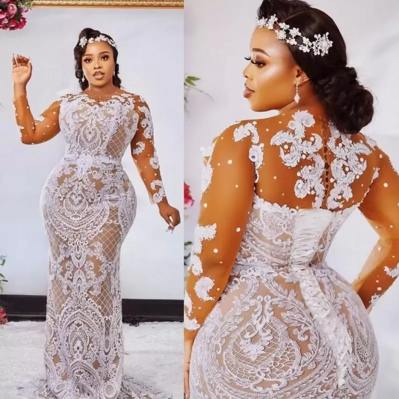 ASO EBI Champagne Mermaid Trouwjurken Bruidsjurken Juweel Hals Lange Mouwen Witte Kant Applicaties Kralen Corset Back Plus Size Robe de Mariée CG001