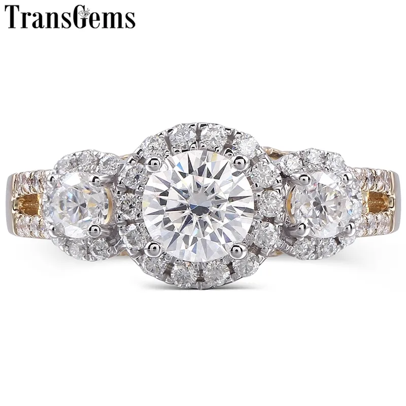 TransGems 14K or blanc et jaune Halo trois pierre centre 0.5ct 5mm et côté 3MM F couleur bague de fiançailles pour les femmes Y200620