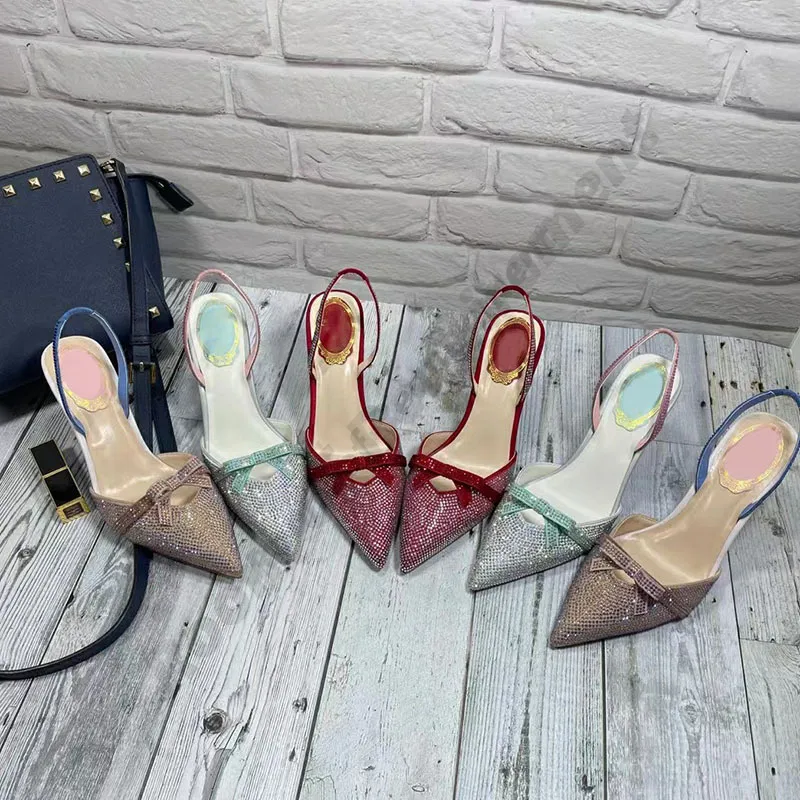 2022 Lüks Tasarımcılar Sandaletler Elbise Ayakkabı Akşam Slingback Satin Yay Pompaları 8cm Yüksek Topuklu Nokta Toe Kristal-Embelishment Rhinestone Elmas Ayakkabı Sandalet