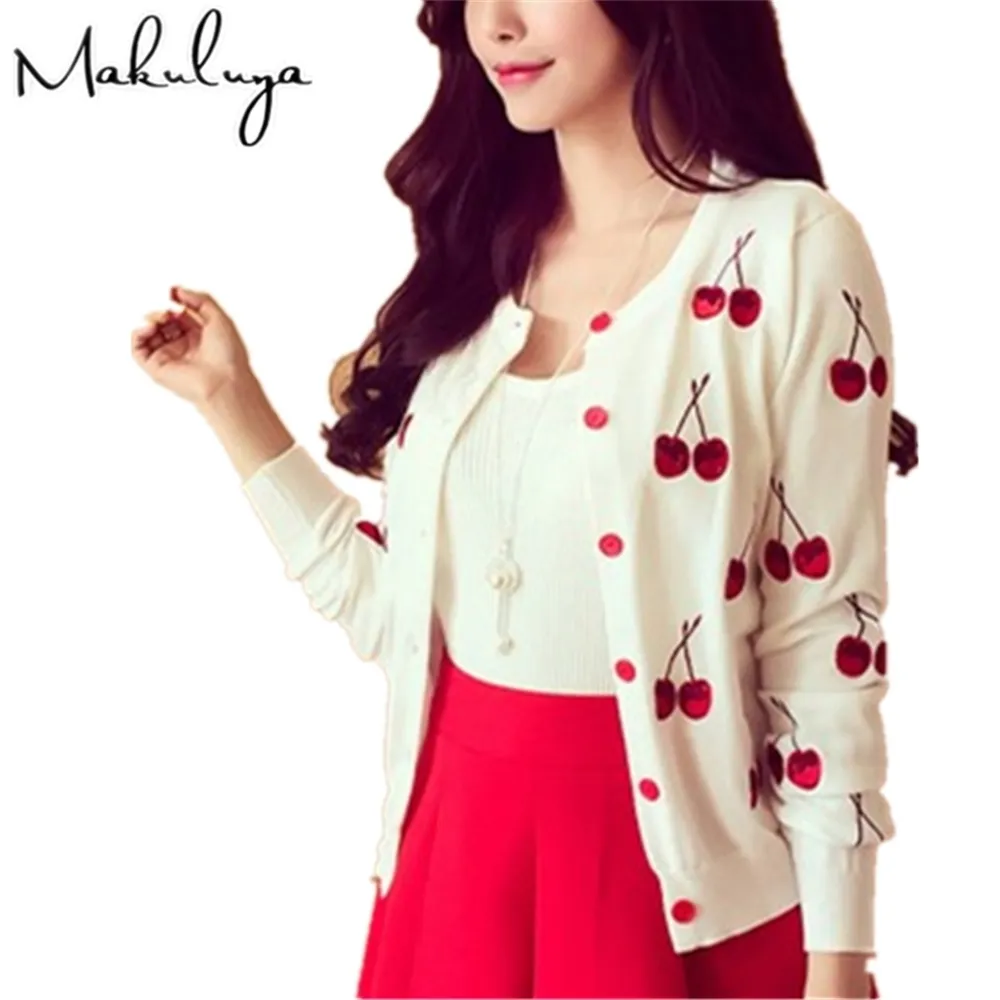 Makuluya Autunno Primavera Maglione Donne Maglione Cherry Ricamo Modello All-Match Giacca Cappotti a maniche lunghe Cardigan a maglia corta LJ200818