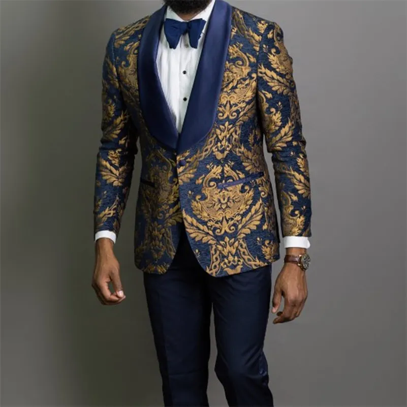 Navy Blue Floral Jacquard Prom Män Passar för Bröllop 3 Piece Slim Fit Groom Tuxedo Afrikansk Man Mode Kostym Jacka Byxor 201106