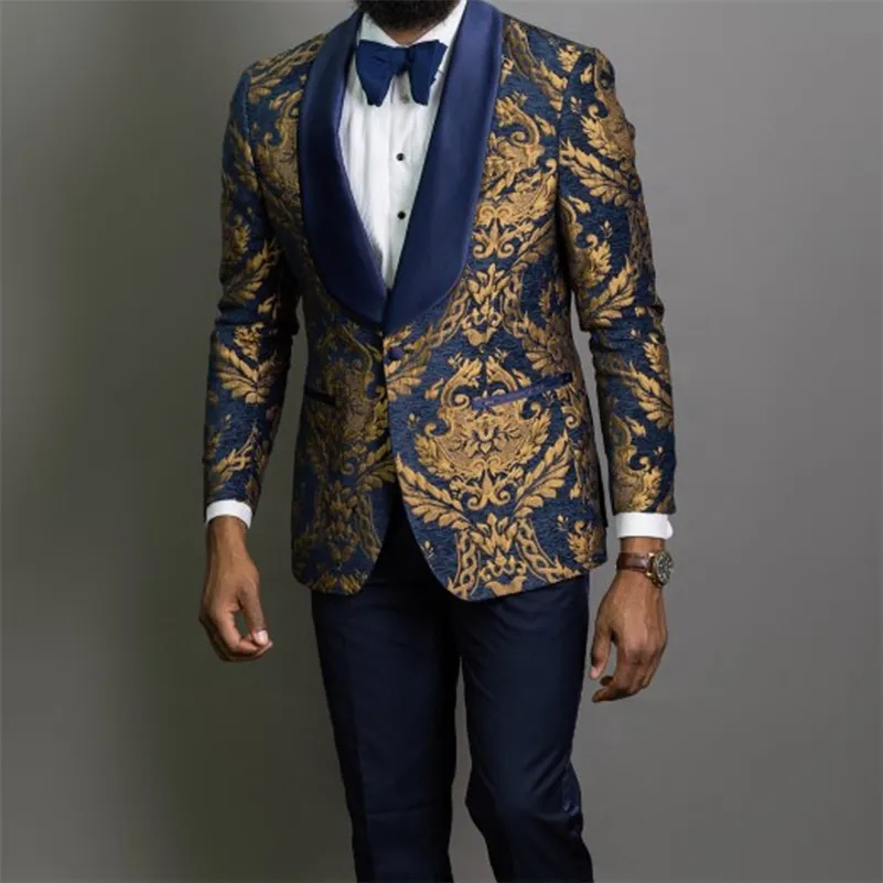 Navy Blue Floral Jacquard Slim Fit Prom Suit For Men Perfect For