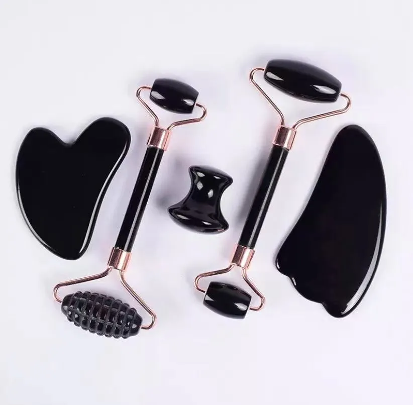 Rouleau de Jade naturel obsidienne Gua Sha grattoir, ensemble de