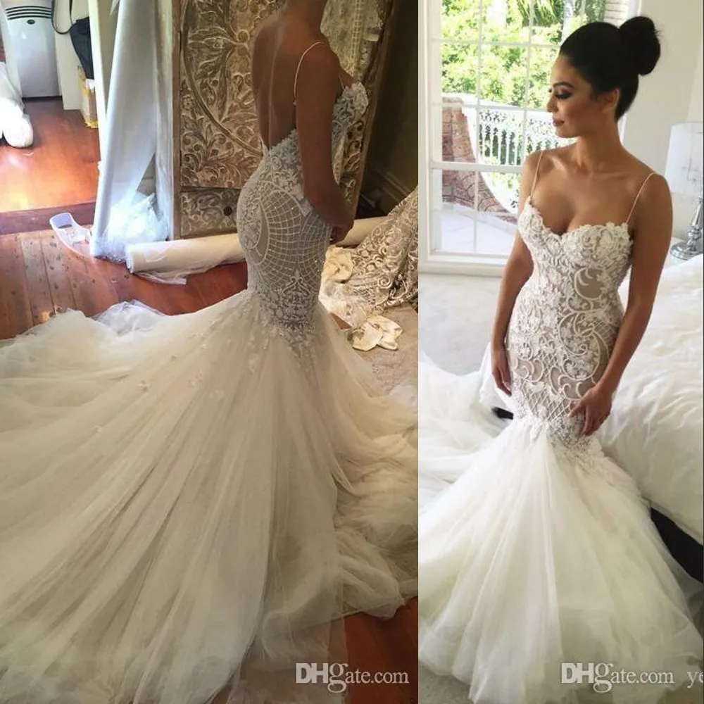 Nieuwe Sexy Mermaid Trouwjurken Spaghetti Bandjes Kant Applicaties Crystal Beadeding Court Train Tulle Backless Plus Size Formele Bruidsjurken