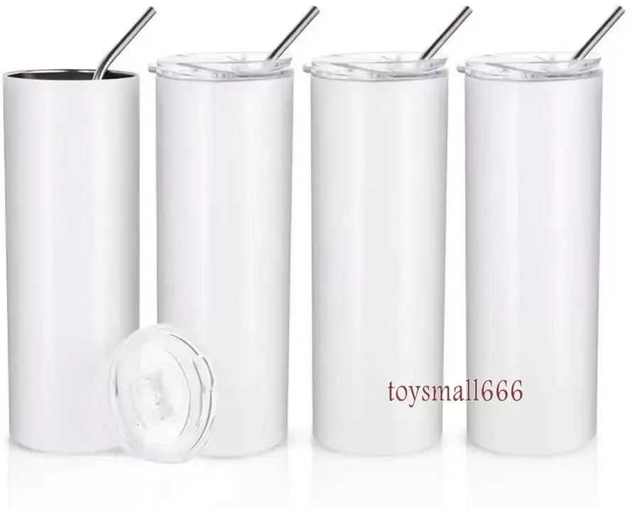 US Stock SubliMation Straight Tumblers 20oz rostfritt stål muggar klara halm DIY Tall tomma koppar 600 ml vakuumisolerat kaffe ölvattenflaska 50CUPS/BOX SXM8