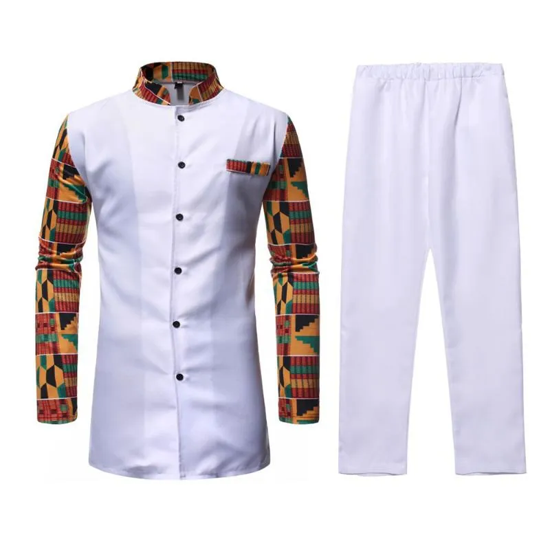 メンズジャージアフリカ服ツーピーススーツ白プリントダシキセット男性長袖シャツトップスとパンツバザンリッシュアフリカ衣装