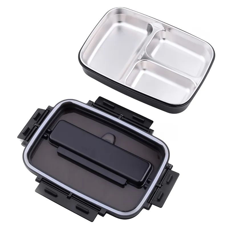 Portable 304 Stainless Steel Bento with 3 Compartments Lunch Box Leakproof Microwave Heating Food Container Tableware Adults Y200429
