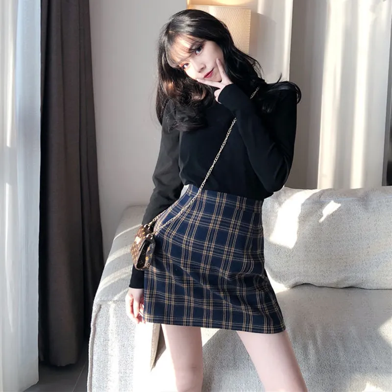 Vintage Plaid A Line Skirt For Women High Waist Checked Sexy