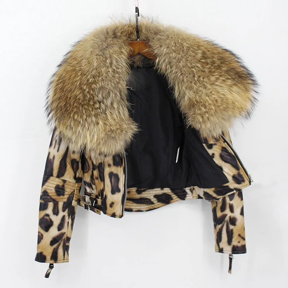 natural sheep leather jacket big fur collar leopard color (11)