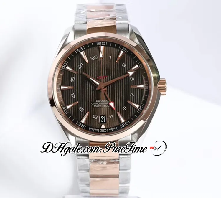 VSF V2 Aqua Terra 150M 43 5 мм GMT A8605 Автоматические мужские часы Смотреть двухтонное розовое коричневое текстурированное циферблат.