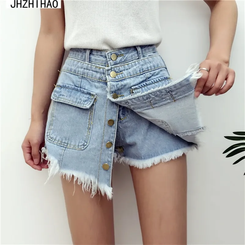 Denim Shorts Damen Hohe Qualität Verkauf Mittlere Taille Frauen Sommer Skorts Röcke Schlanke Blaue Kurze Jeans Vintage Kurze feminino T200701