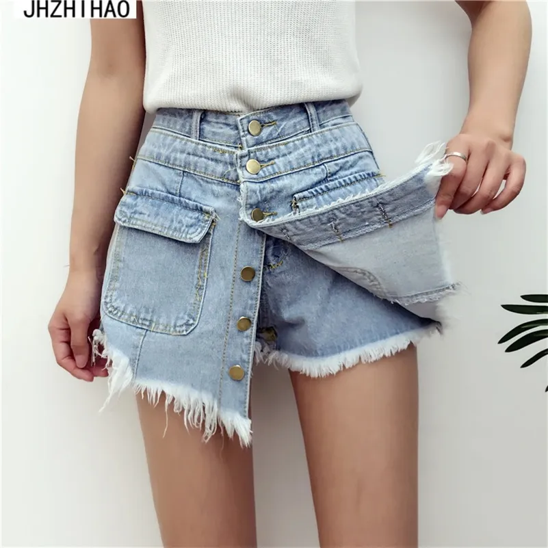 Denim Spodenki Panie Wysokiej Jakości Sprzedaż Środkowej Pas Kobiet Letnie Skorty Spódnice Slim Niebieskie Krótkie Dżinsy Vintage Krótkie Krótkie Feminino T200701