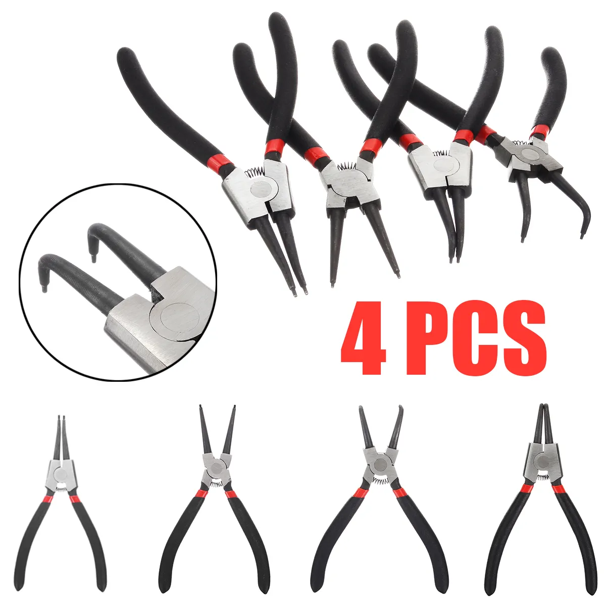 4Pcs 7 Internal External Pliers Retaining Clips Multi Snap Ring Circlip Pliers Straight Bent Head Portable For Hand Tools