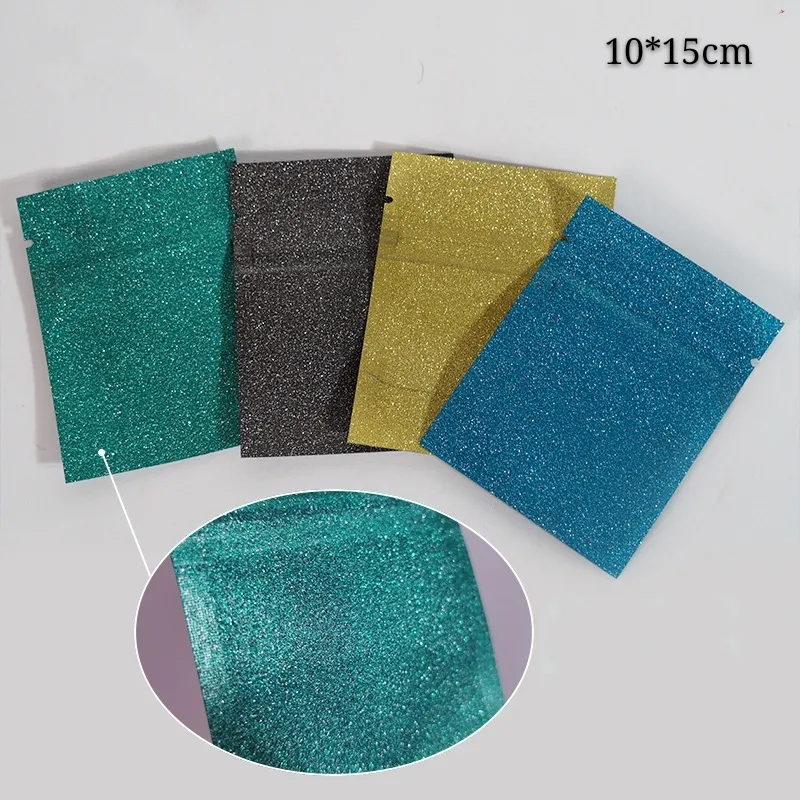 100 adet Glitter Etkisi Hediye Paketleme Zip Kilit Mylar Çanta 10 * 15 cm Renkli Fermuar Mühür Örnek Paketi Torbalar Çanta Telefon Aksesuarları