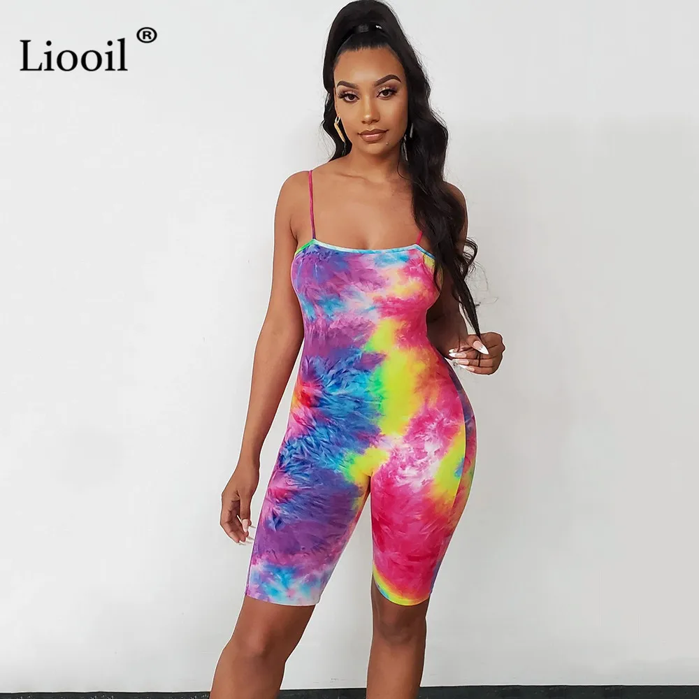 Liooil tie tintura sexy bodycon playsuit mulheres apertadas jumpsuits 2020 sem mangas strapless festa clube macacão macacão mulheres shorts t200704