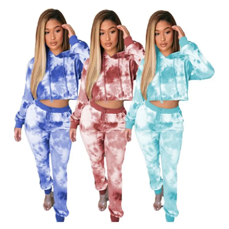 Women Tie-dye Tracksuits Fashion Trend Long Sleeve Hooded Tops Drawstring Trousers Loose Suits Designer Female Autumn New Casual 2Pcs Sets
