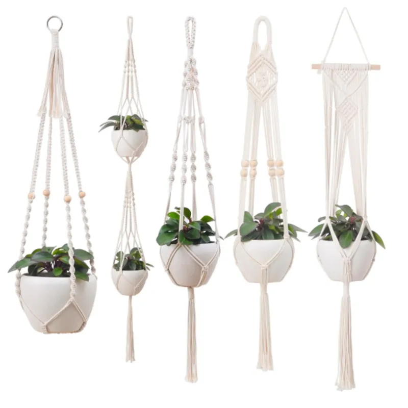 5 stili Decorazioni da giardino Cestini sospesi Macrame Corda fatta a mano Portavaso Fiore Pianta Gancio corde cesto Borsa a rete Fiore per interni ed esterni Decorazioni per la casa