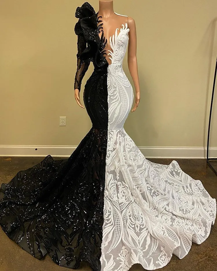 Mode svart och vitt sjöjungfrun formella kvällsklänningar djupa v nacke applikationer mönster paljetter spets afrikansk arabisk glitter lång prom pareant klänningar tillfälle 2022